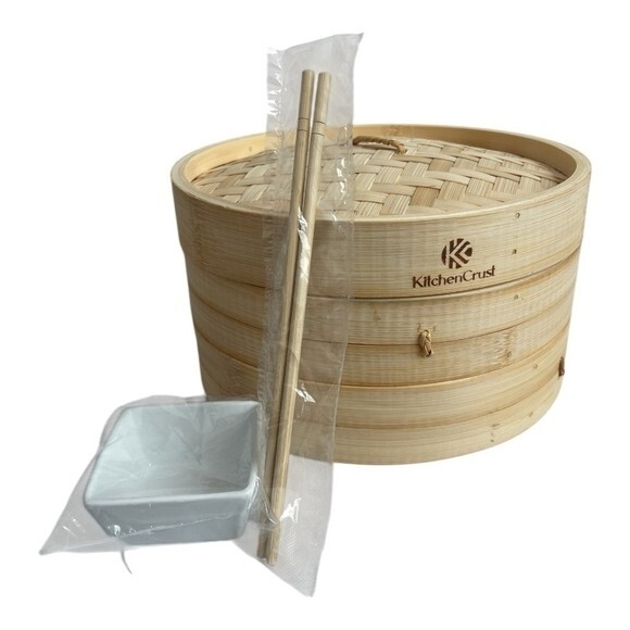 KitchenCrust 10″ 2-Tier Bamboo Steamer Set with Chopsticks Sauce Dish NOB