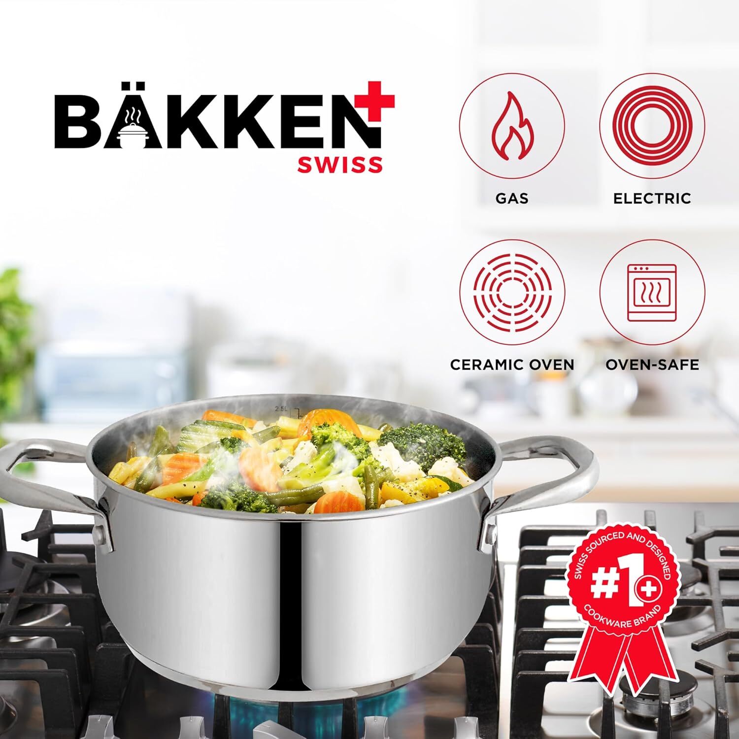 Bakken-swiss, Deluxe, 3-quart, Stainless Steel, Stockpot, Tempered Glass Lid