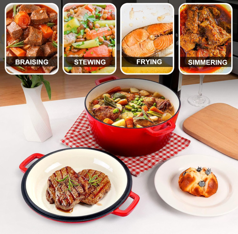 Olla holandesa hierro fundido 5QT 2 en 1 para pan horno y estofados roja, Nuevo