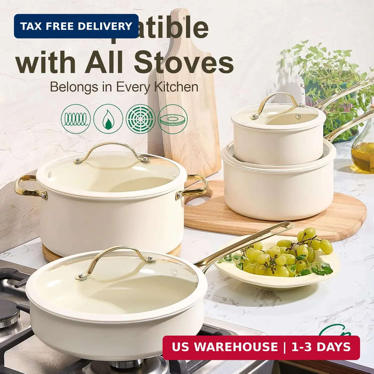 Chef Power Ceramic Cookware Sets, 15Pcs Pots and Pans Set Non Stick, Cookware Se