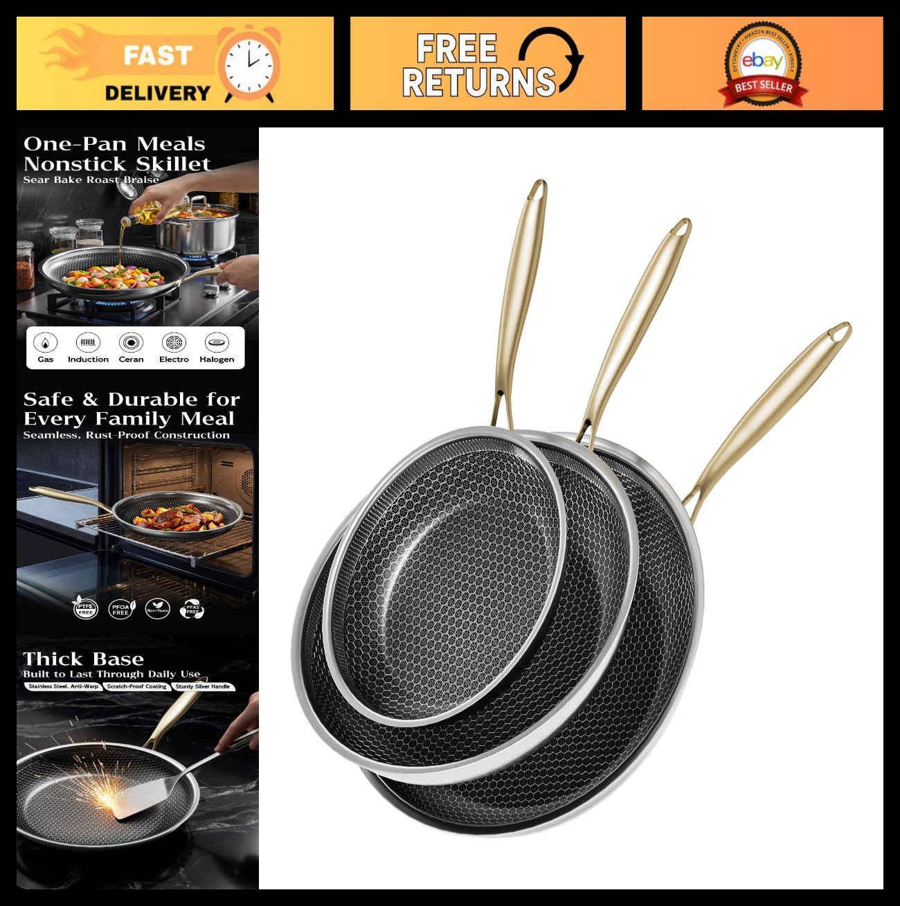 Nonstick Honeycomb Skillet Set, 8/10/12 Inch Stainless Steel Frying Pans, PFOA-F