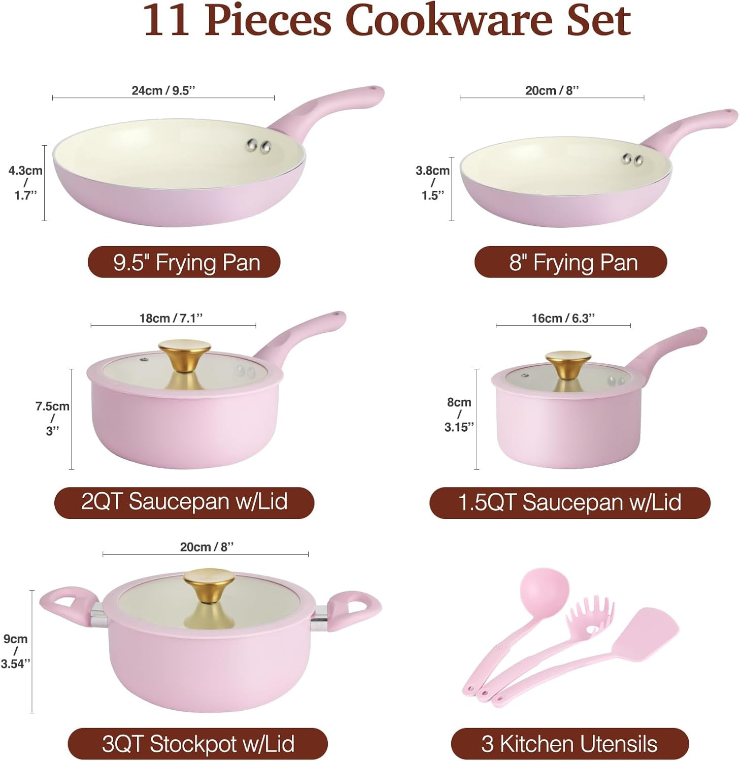 Stylish 11-Piece Pink Non-Stick Cookware Set with Gold Knobs & Stay-Cool Handles