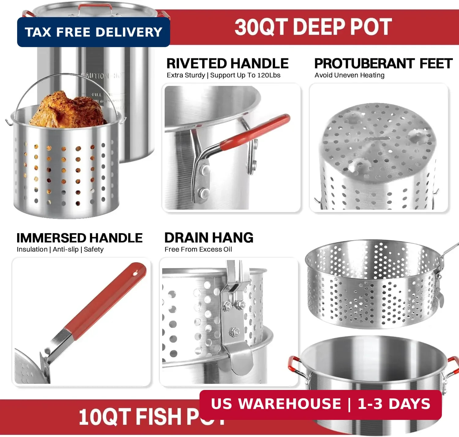 30QT & 10QT Outdoor Fryer | Turkey Fryer | Seafood Boil Pot | Cover & Skimmer In