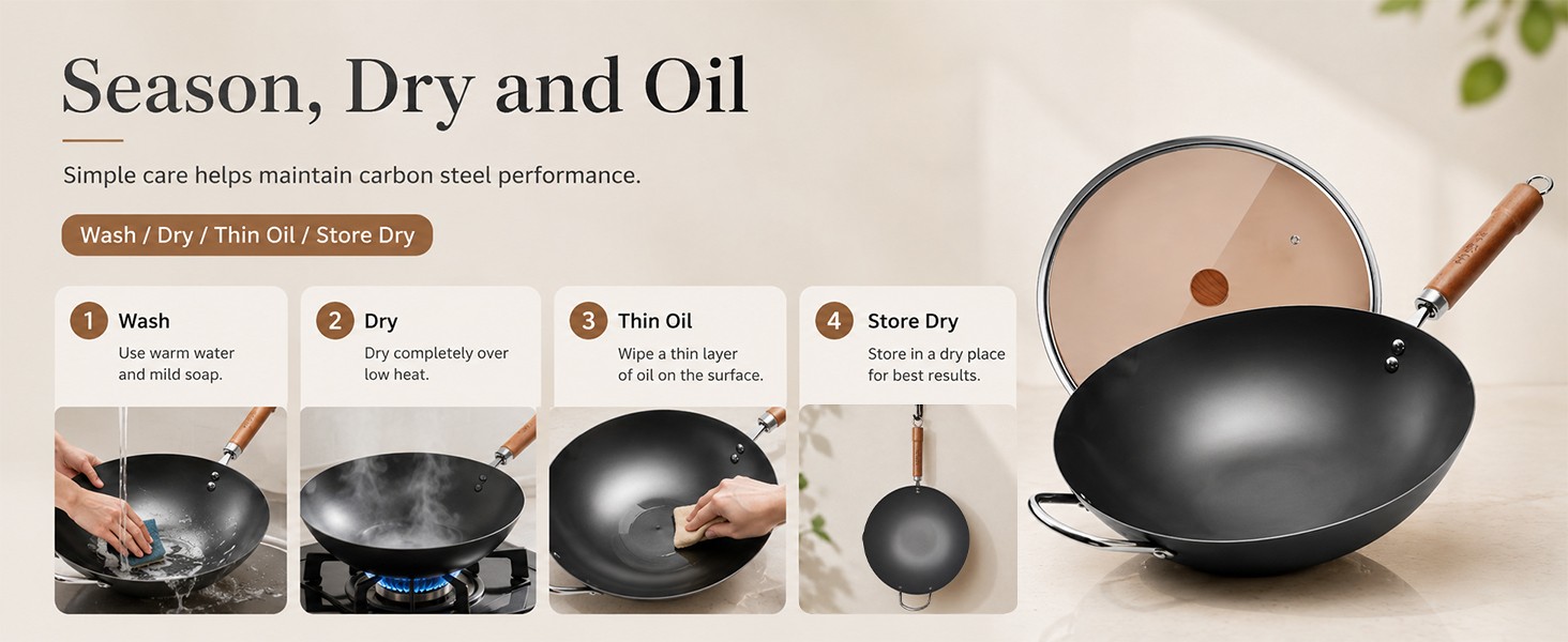 Carbon Steel Wok with Lid, 12.6 Inch Flat Bottom Wok Pan, Uncoated Stir Fry Pan