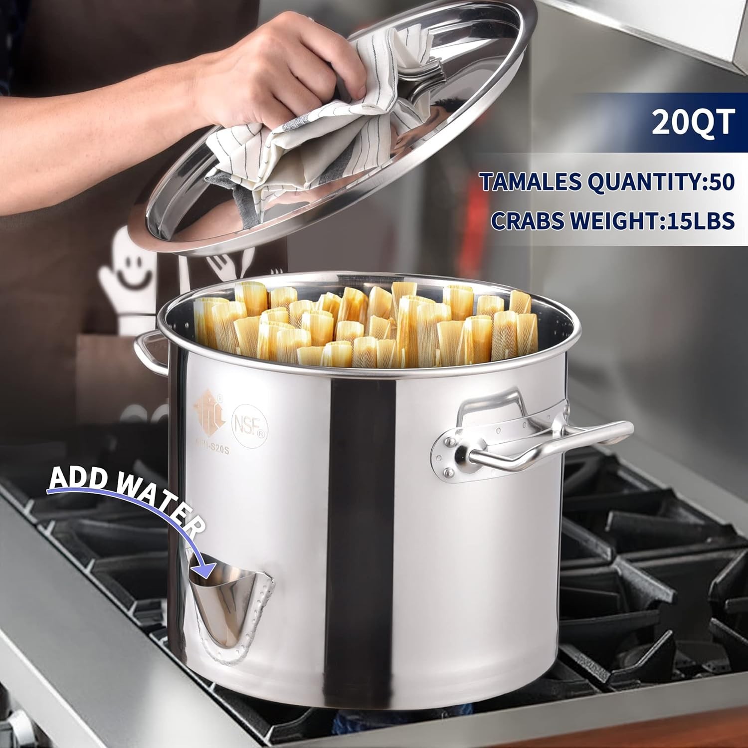 ARC 20QT Stainless Steel Tamale Steamer Pot with Easy-Fill Water Spout, Seafood