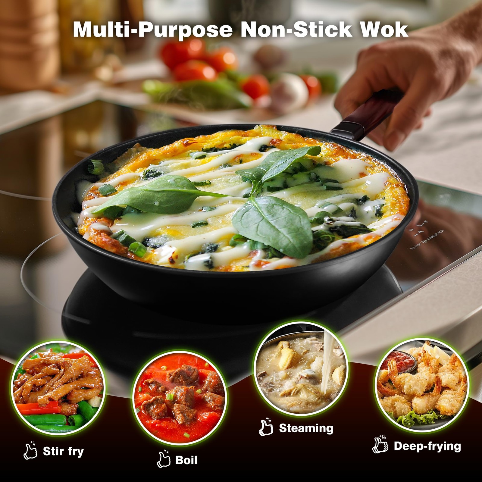Carbon Steel Wok -13 Inch Woks & Stir-fry Pans Nonstick, Wok Pan with Lid Spa…