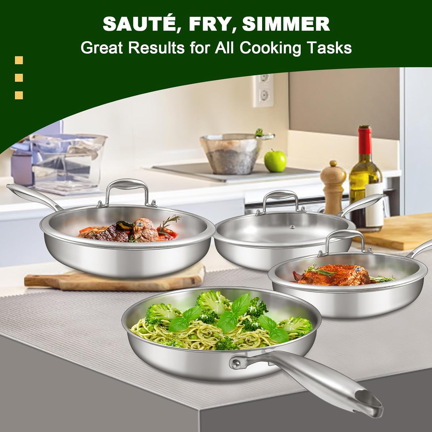 12 Inch Tri Ply Stainless Steel Frying Pan Skillet With Lid Induction Ready