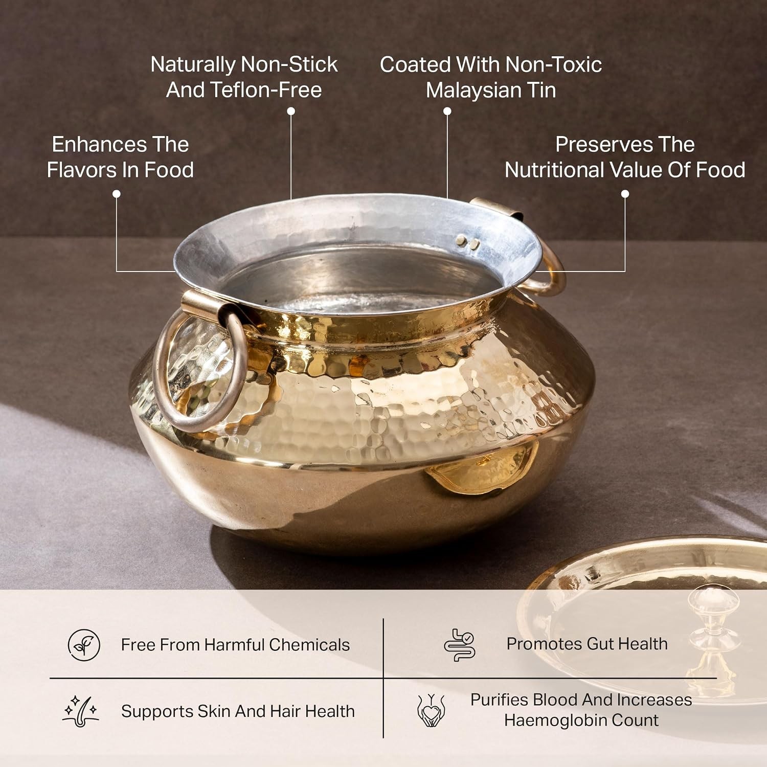 Copper Madurai Handi Tin Coated with Lid 100% Pure Copper Degchi Teflon