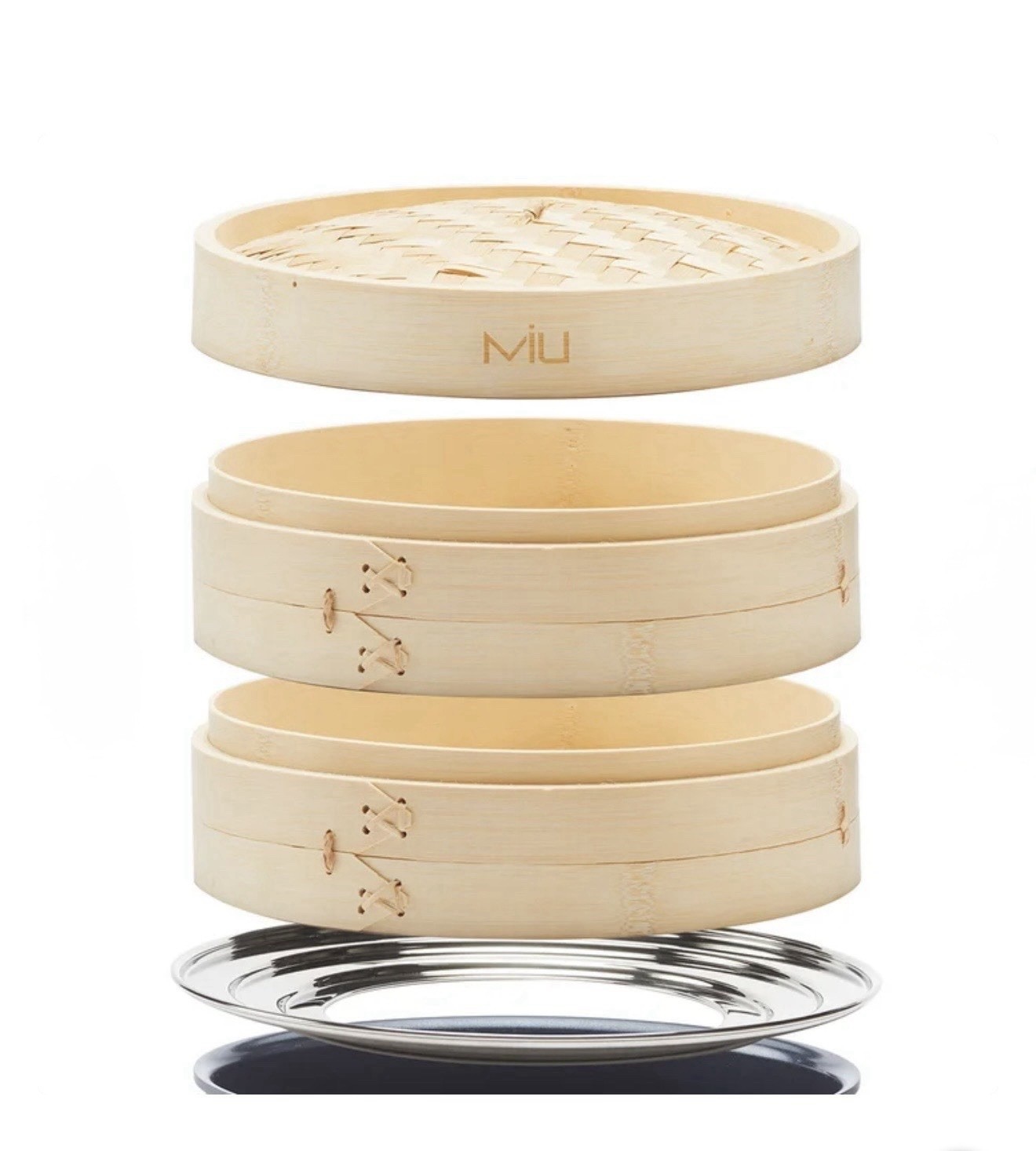 MIU Bamboo Steamer Basket 2-Tier 10″ Dim Sum Dumpling Cooker