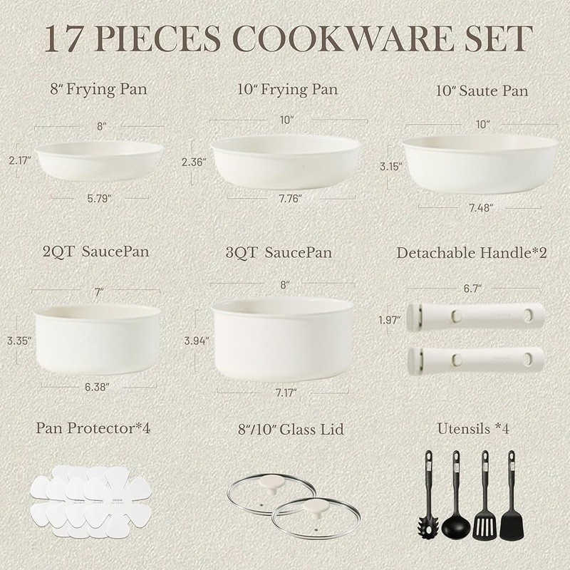 17pcs Pots Pans Set Nonstick Cookware Set Detachable Handle Induction Gift NEW