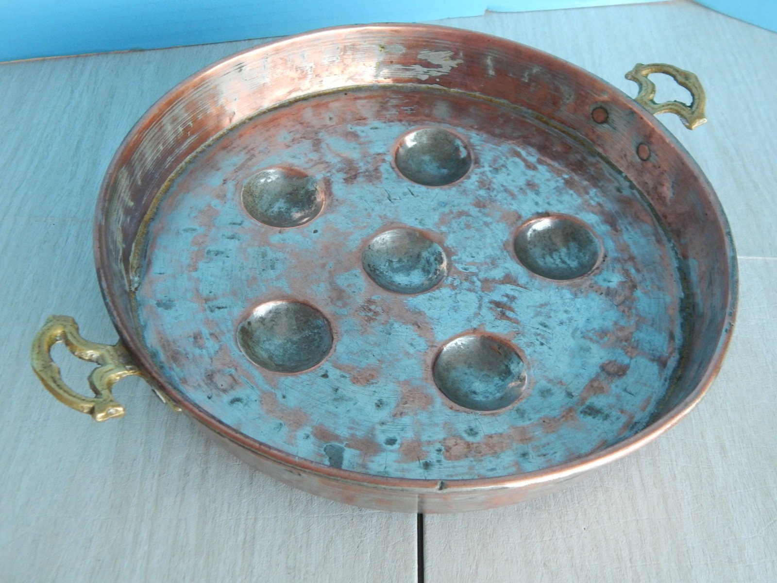 Antique French Copper Egg Poacher Pan 13″ Tin Lined Brass Handles Pan