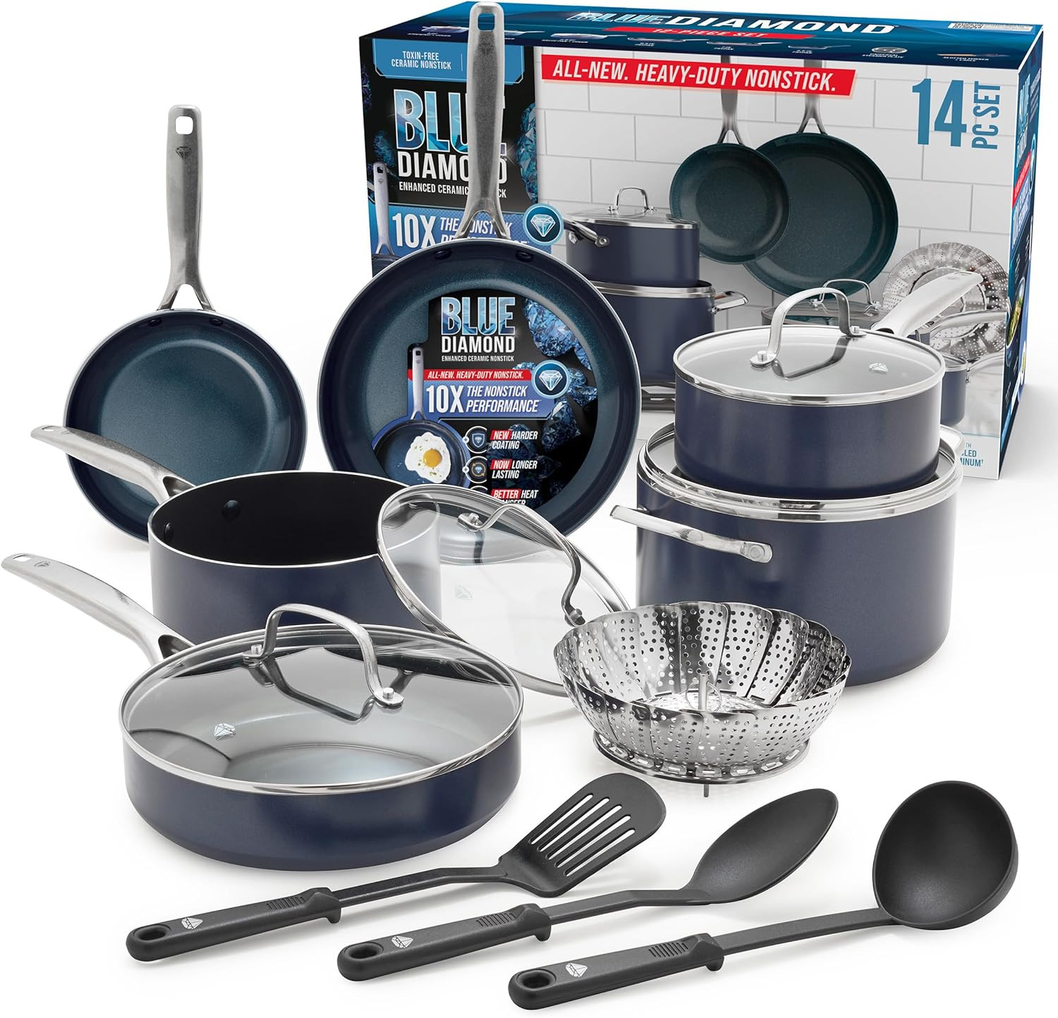 14-Piece Nonstick Diamond Ceramic Cookware Set – Oven Safe, Blue