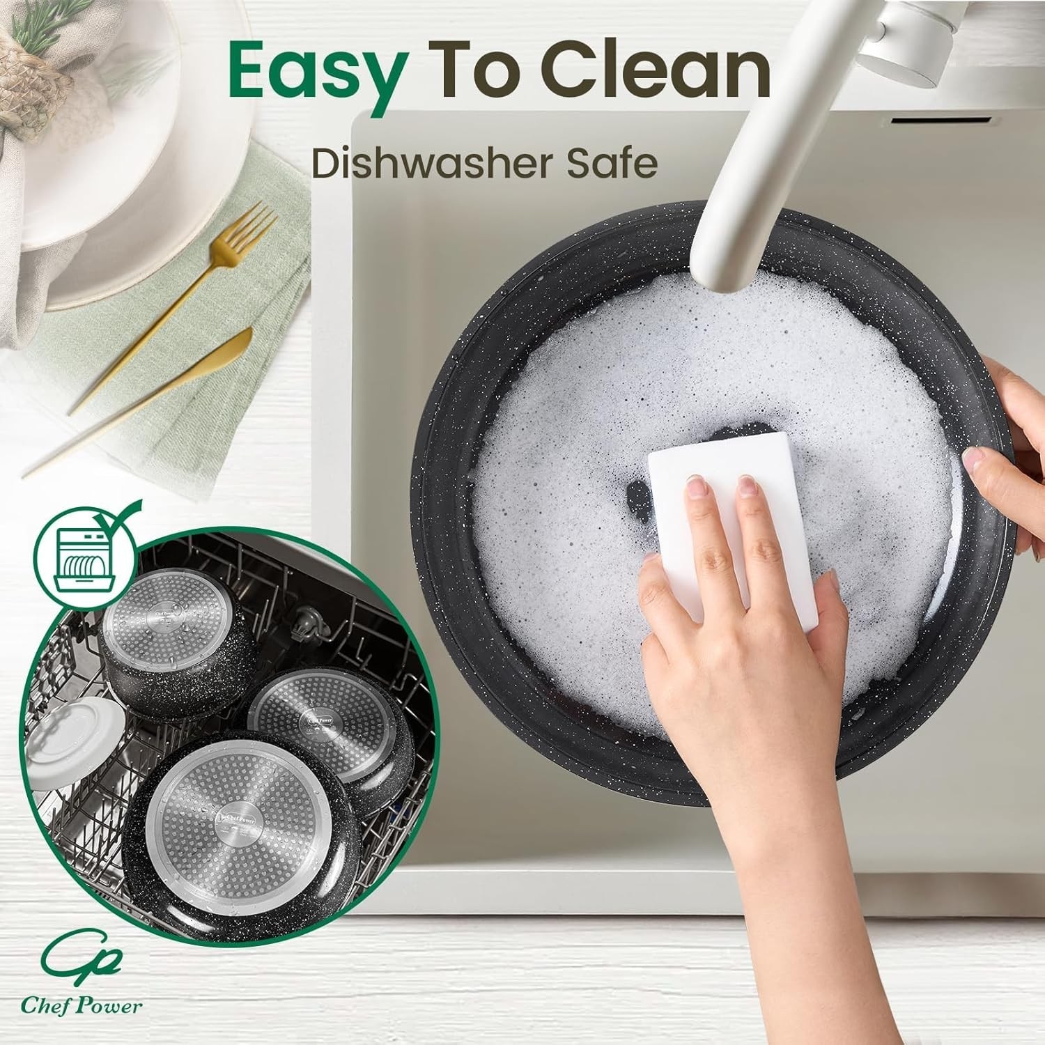 Ceramic Nonstick Cookware Set 19 Piece with Detachable Handle, Induction Dishwas