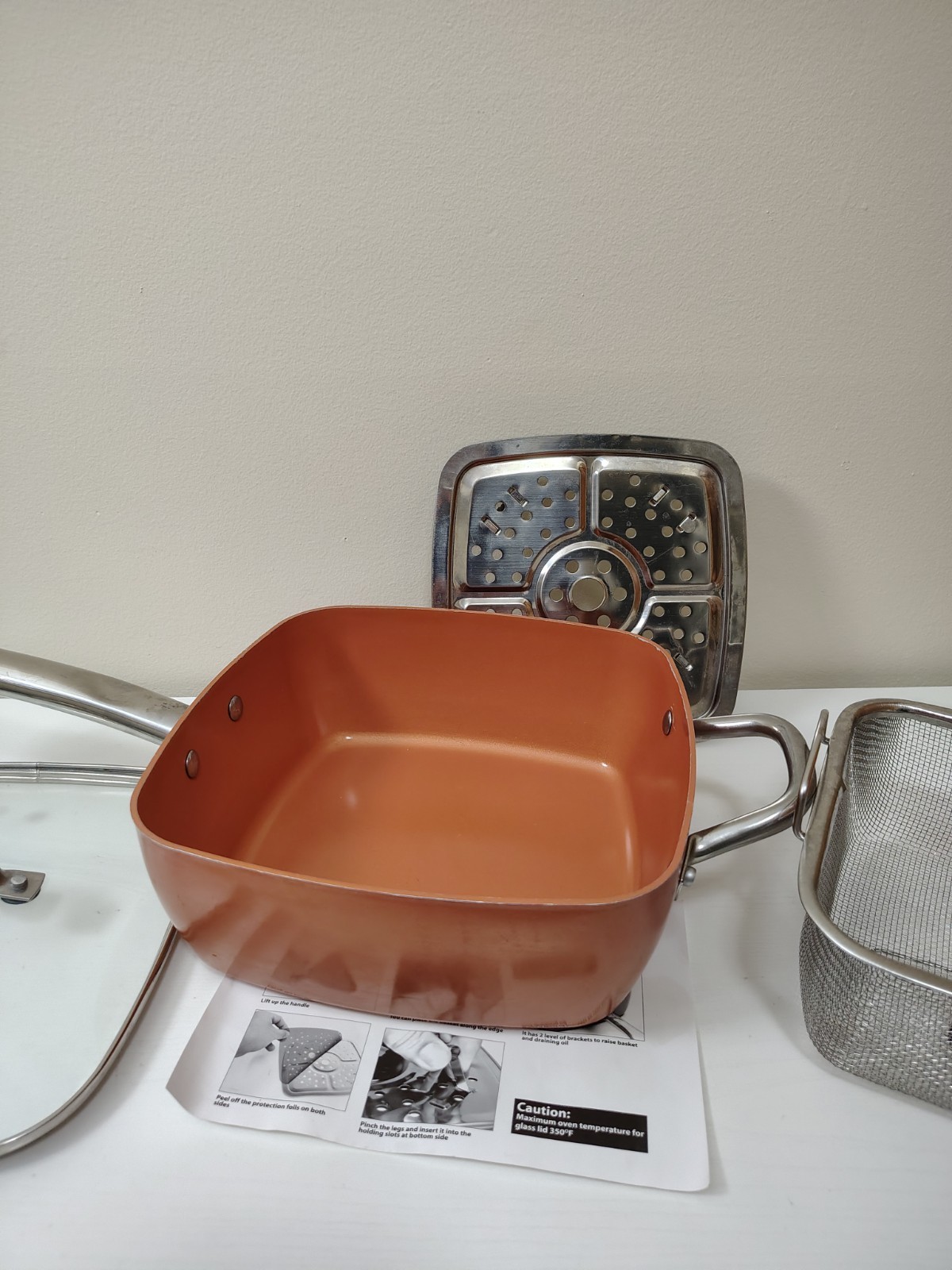 Copper Chef 9.5×9.5″ Inch Square Casserole Pan. 3.5″ Deep. w/lid, basket.