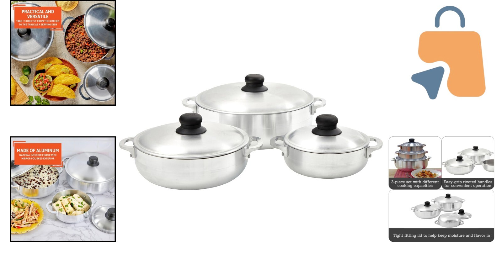 3-Piece Natural Aluminum Caldero Set (1.6/3.2/4.6 Qt) – Elegant Cooking Solution