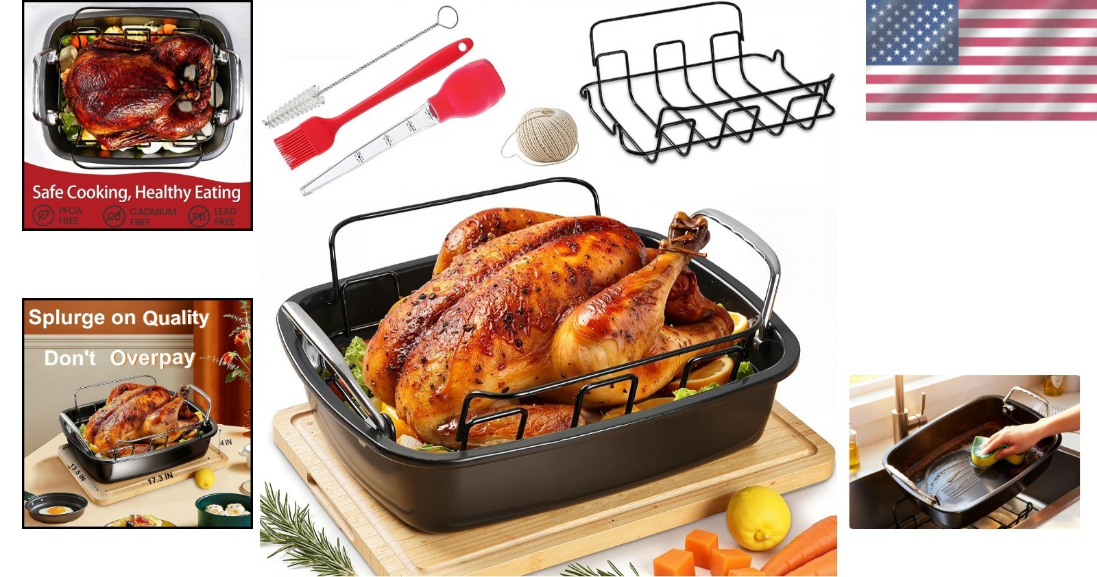 Large Nonstick Roasting Pan Set with Rack – Dark Grey