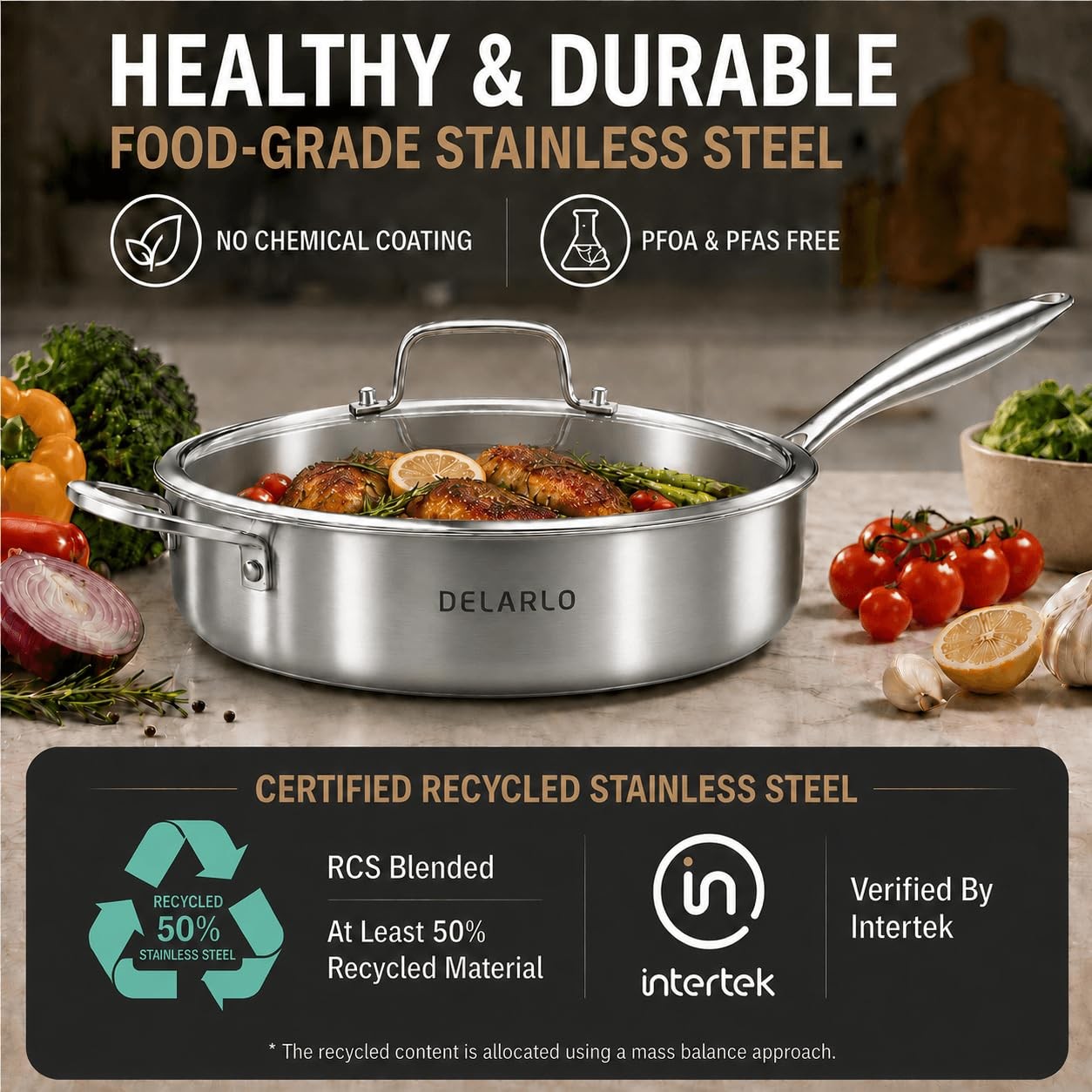 Tri-Ply Stainless Steel Frying Pan,12 inch Skillet with Lid,6 Quart Saute Pan…