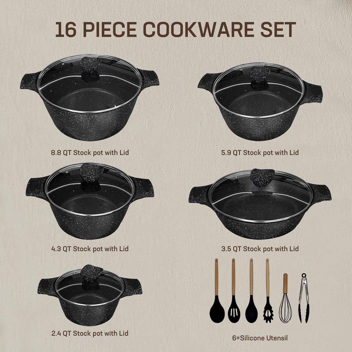 16PCS Cookware Set – Home Nonstick Stock Pot with Glass Lid, Pots and Pans Set,