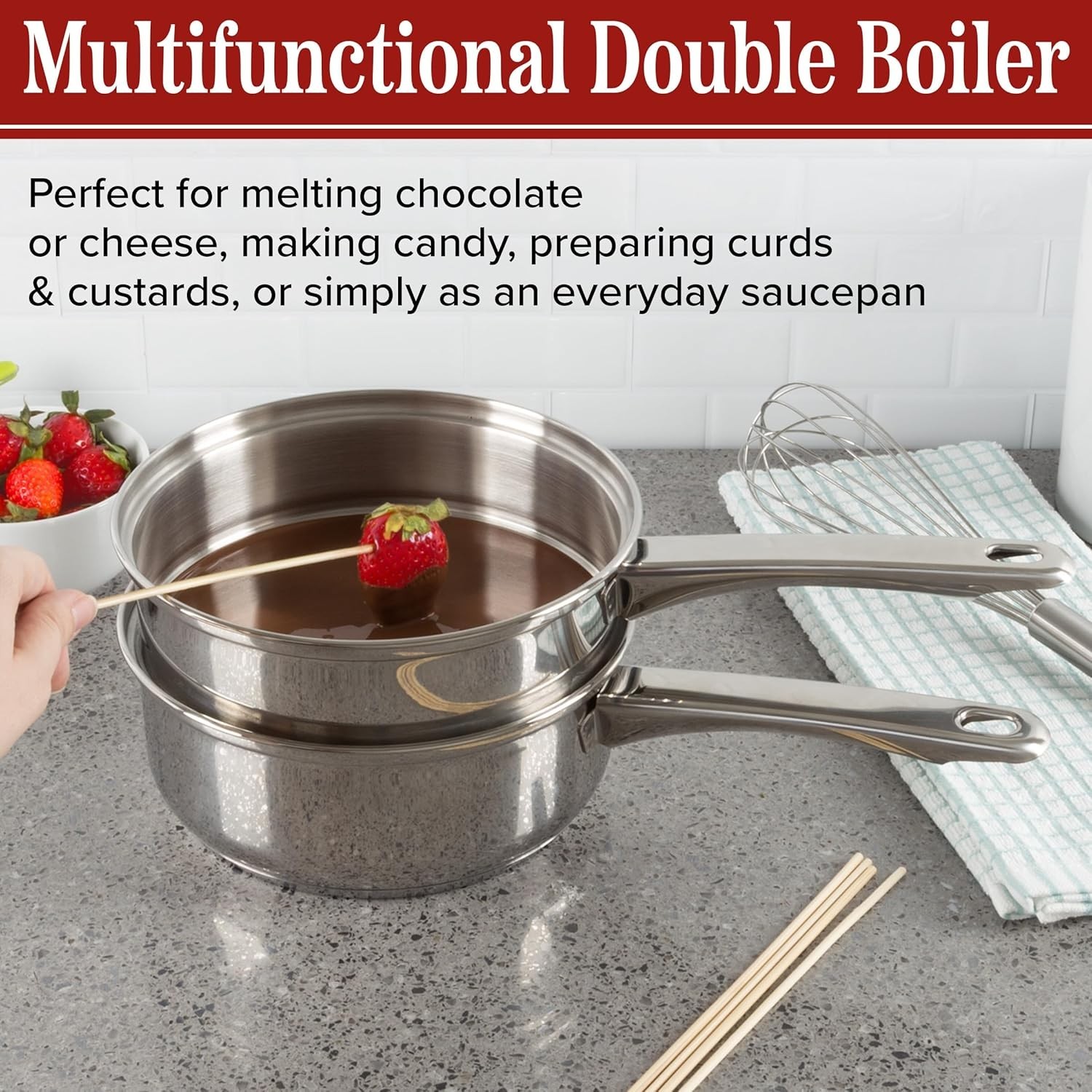 6 Cup Double Boiler Pot Set – 1.5 Quart Stainless-Steel Saucepan 2-in-1 with …