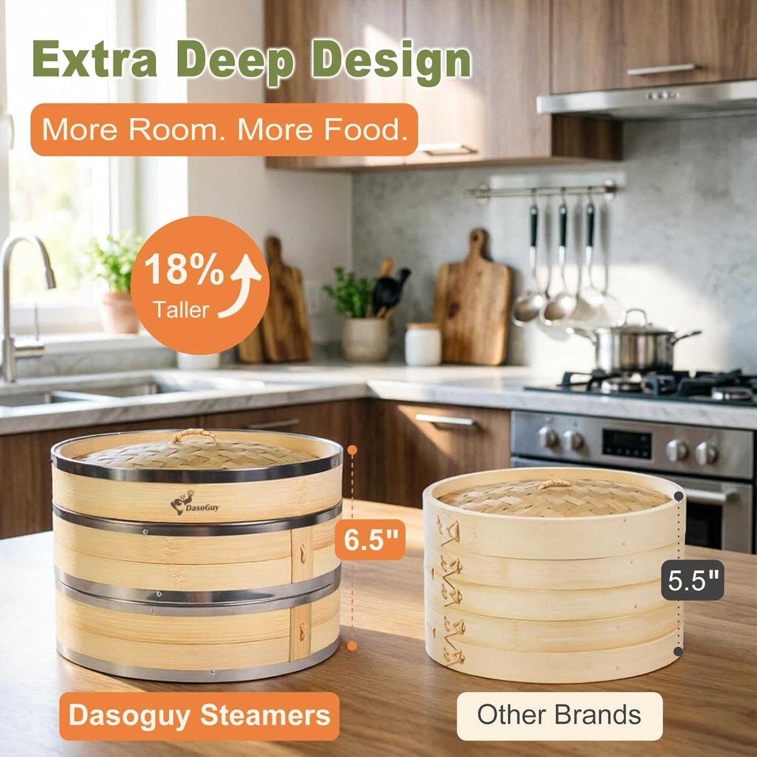 Bamboo Steamer Basket, Stainless Steel Reinforced Rim, 12-Inch 2-Tier Steamer