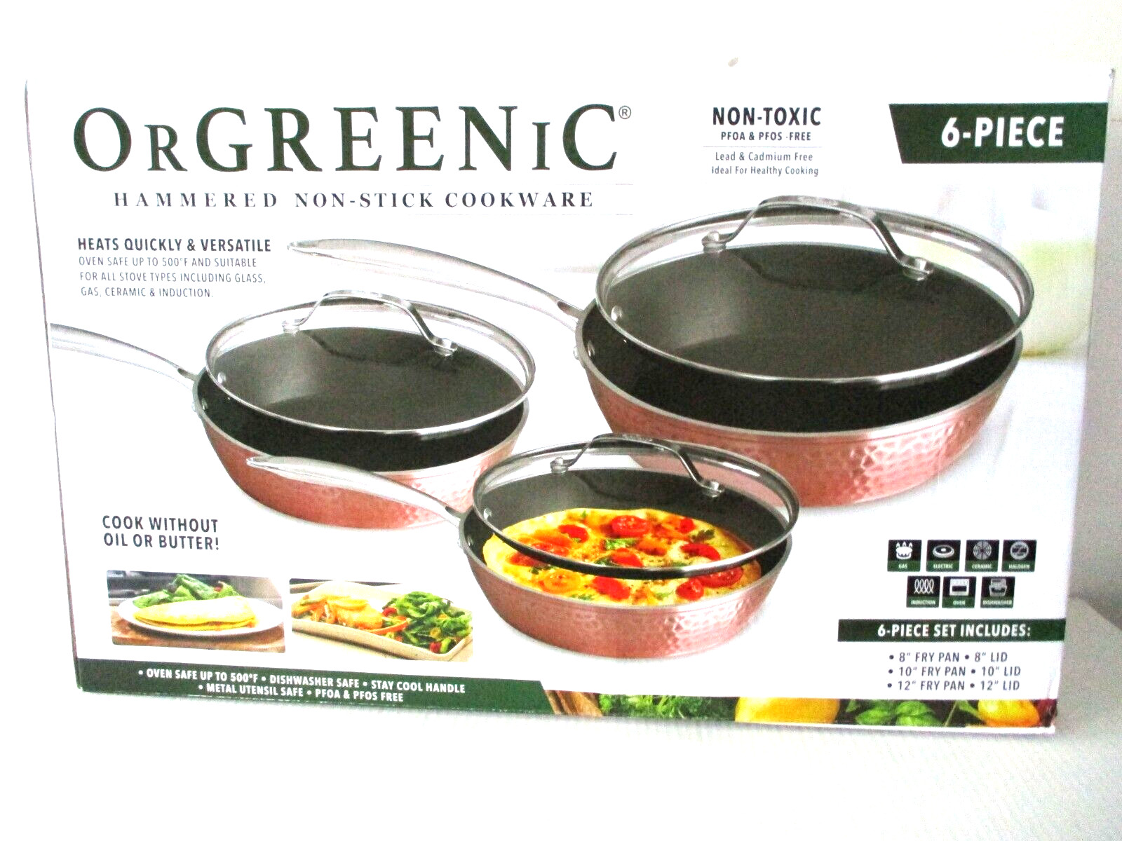 Orgreenic 4 piece hammered non-stick cookware 10 in and 12 in fry pan with lids.