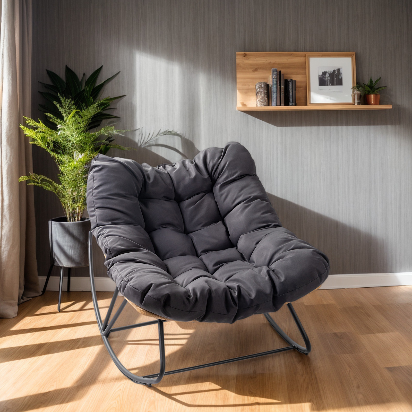 Oversized Papasan Rocking Chair, Patio Lounge Egg Chair, Dark Gray