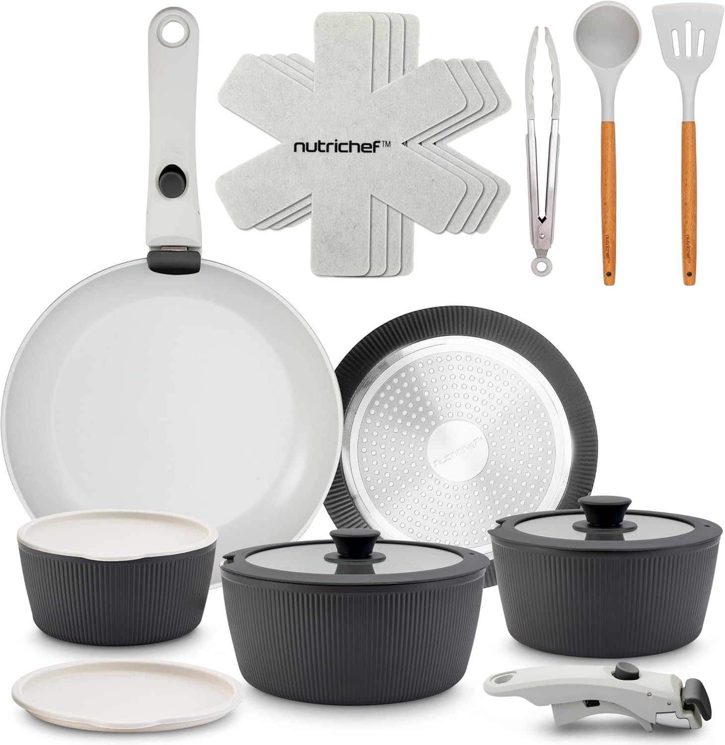 18-Piece Space-Saving Ceramic Cookware Set with Utensils (Gray)