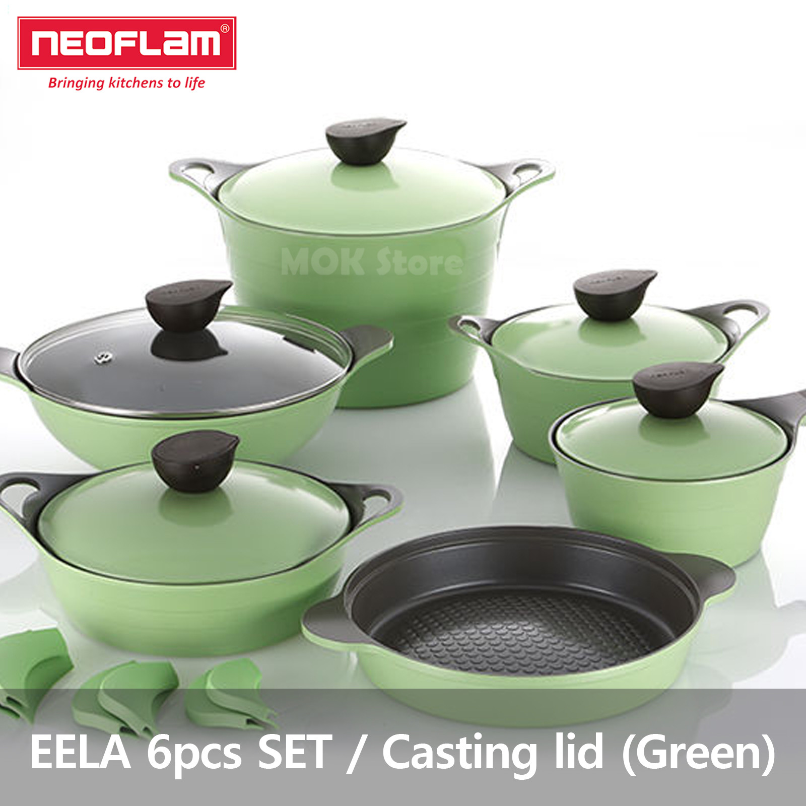 Neoflam EELA aluminum 6 pcs Chef Stockpot & Wok & Multigrill Premium Set -Green