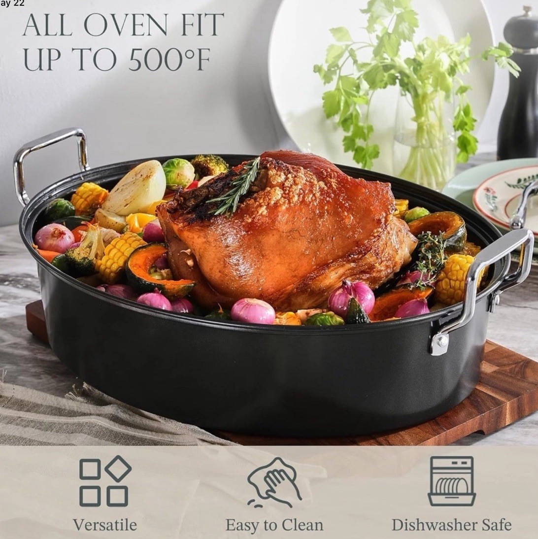 Extra Large Roasting Pan, 18×14″ Oval, 25lb Turkey Roaster w/Lid & Rack Non-Stik