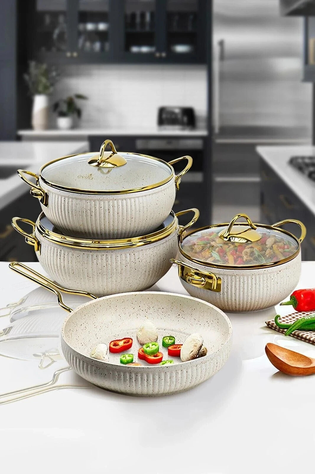 Granite White-Black Cookware Set, Luxury Stone Cookware Set, 7 Pieces Cookware,