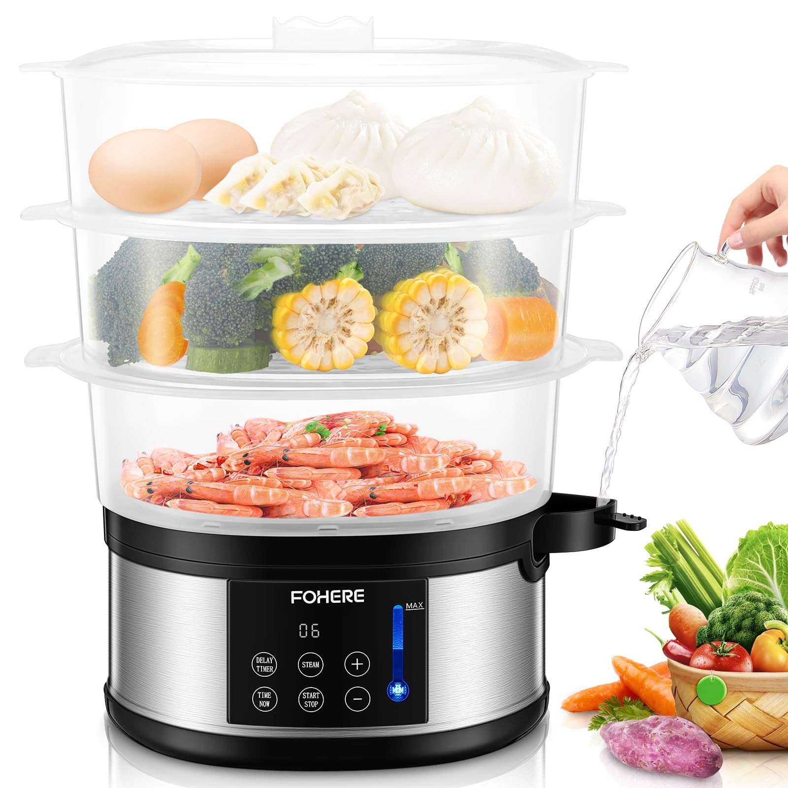 FOHERE Food Steamer for Cooking,13.7QT Vegetable Steamer with Stackable 3 Tiers