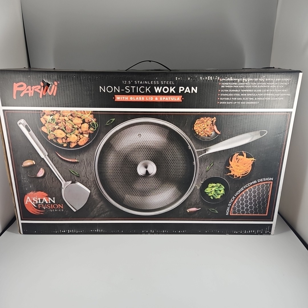 Parini 12.5″ Stainless Steel Non-Stick WOK Pan W/Glass Lid & Spatula