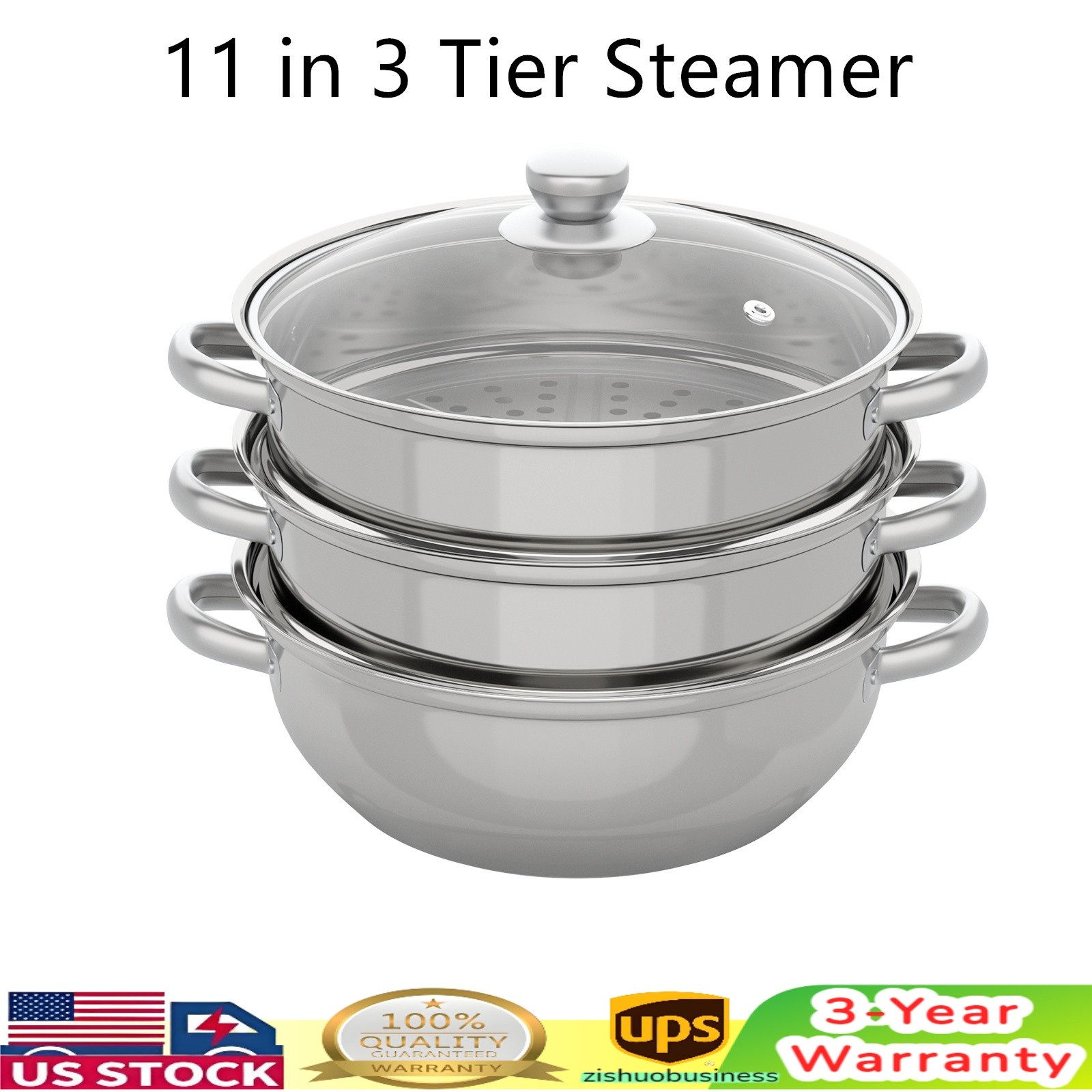 3 Tier Steamer Hot Pot Stainless Steel Cooker Steam Pot Food Cooking + Glass Lid
