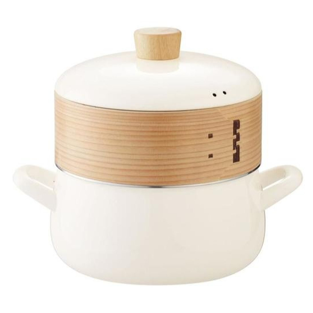 FUJIHORO Enamel Pot with Steamer Insert 7.8in & 7.0in White Greige JAPAN NEW