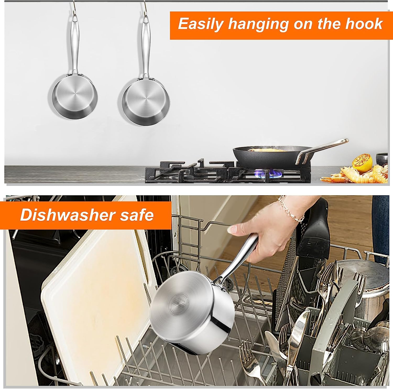 1Qt & 2 Qt Saucepan with Lid, Stainless Steel Tri-Ply Small Cooking Pot Milk Pas