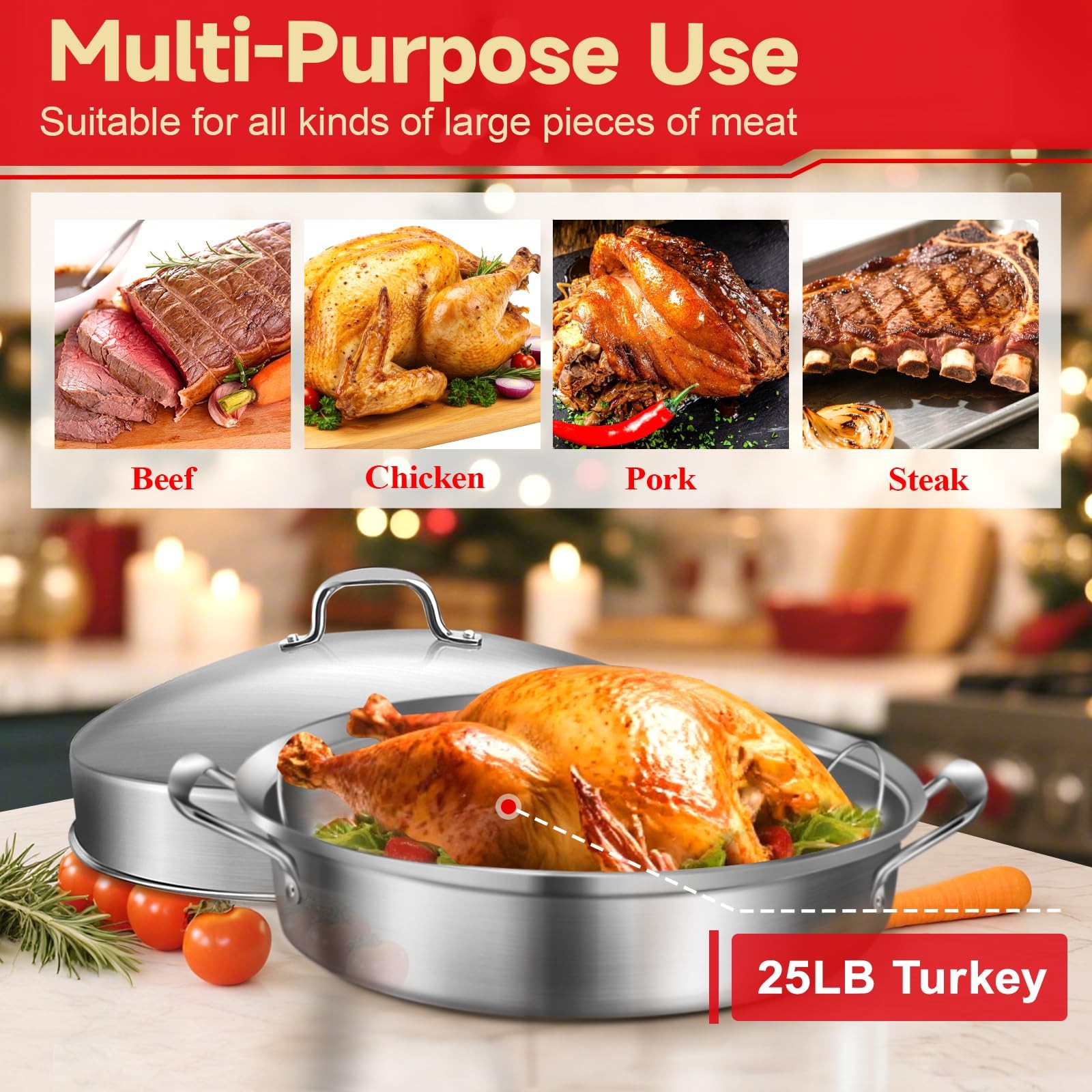 21 Inch Stainless Steel Roasting Pan with Rack and Lid For Turkey Chicken