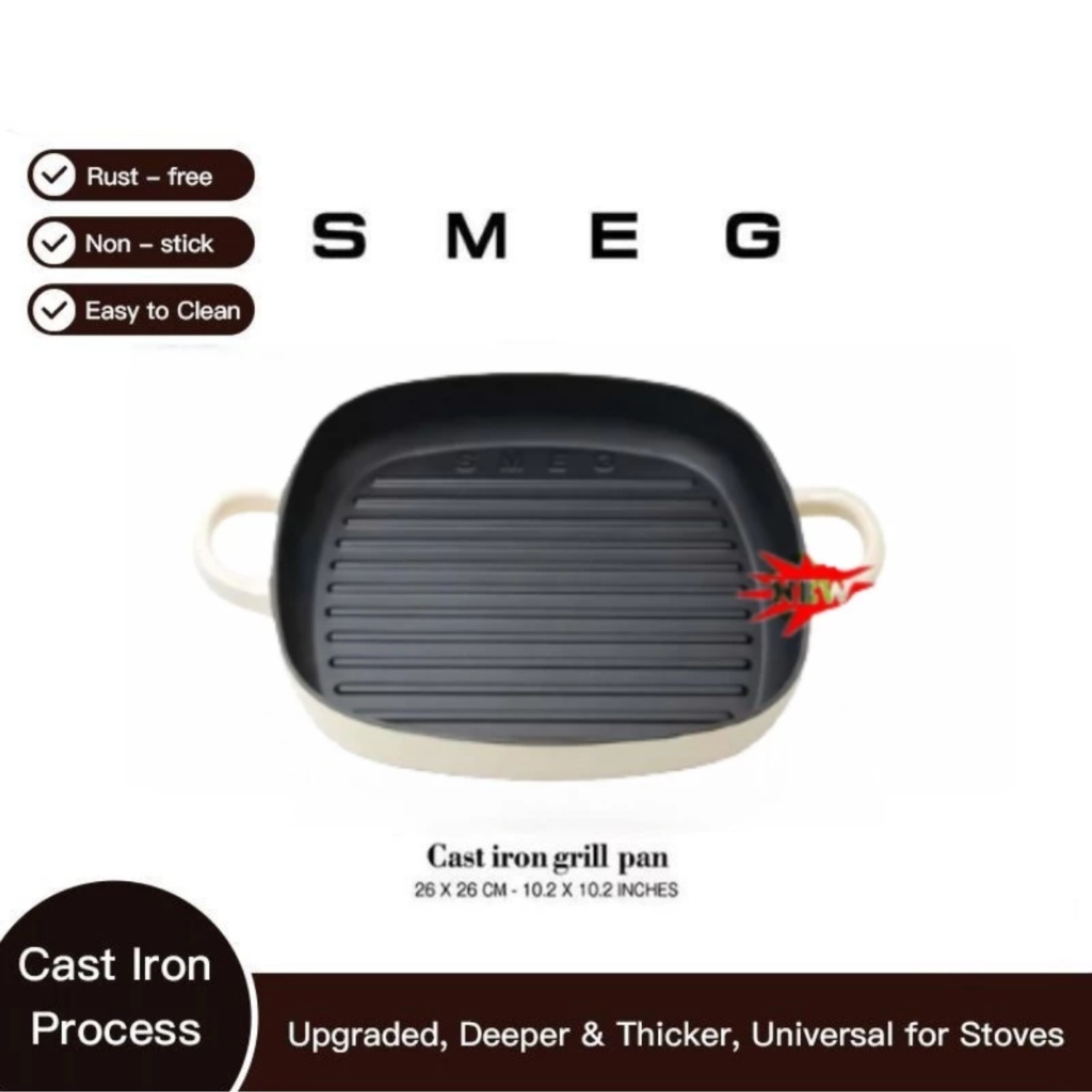 SMEG Nonstick Cast Iron Grill Pan Square Skillet Steak BBQ Fry Pan