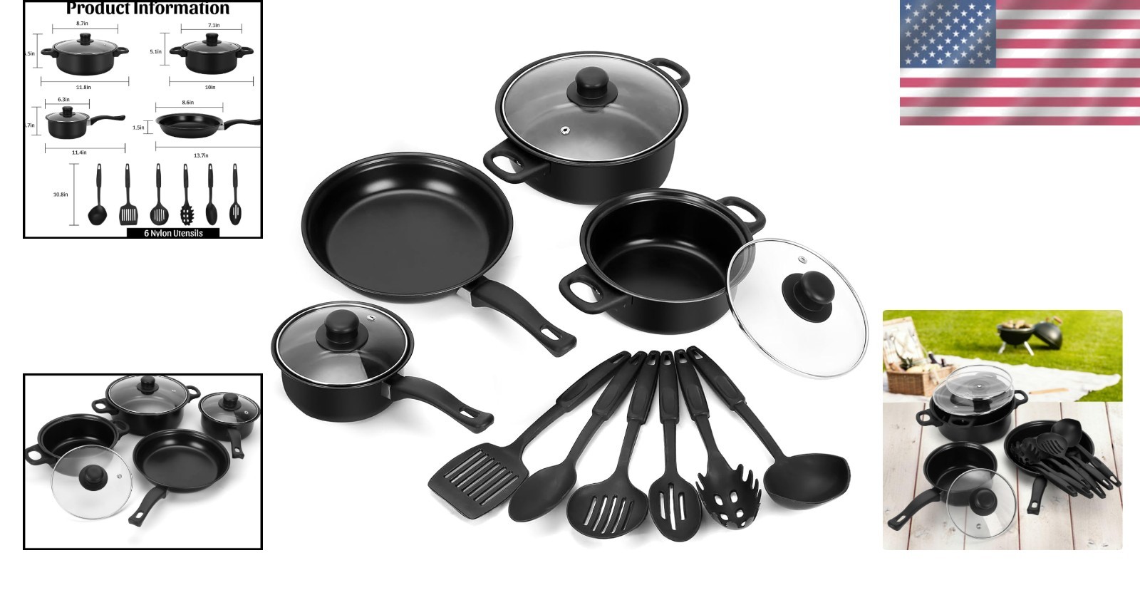 Camping Non-Stick Cookware Set 13 Pieces Lightweight Cast Iron Pans Pots