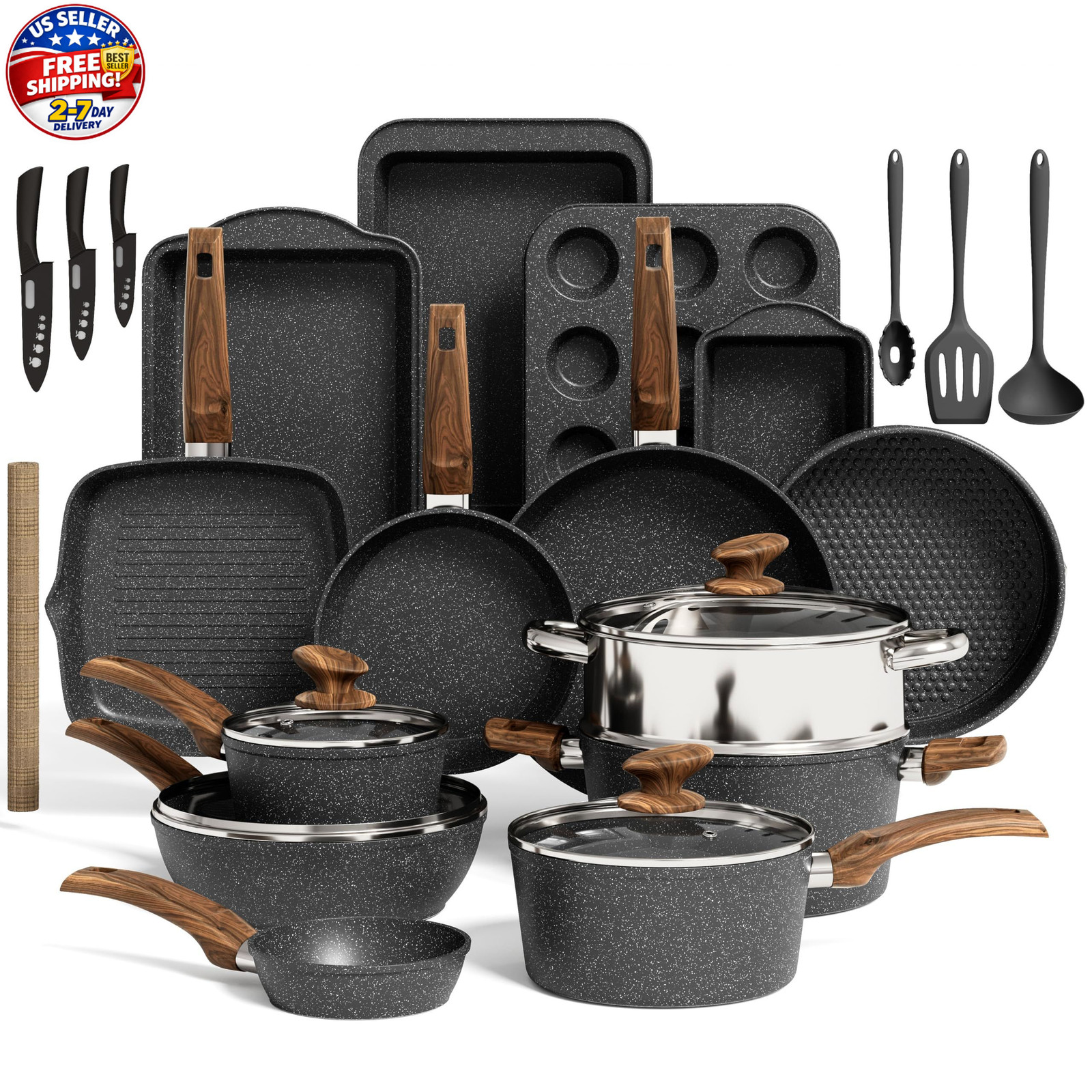 Kitchen Induction Cookware & Bakeware Set – 30 Piece Black Granite Cooking Pans