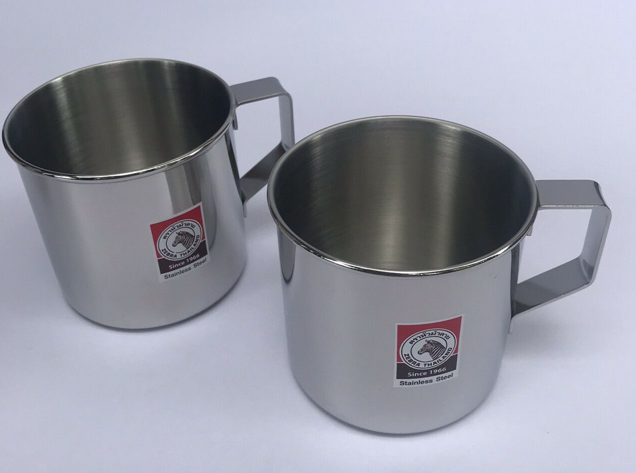 Thai Zebra Brand Drinking Water Mug with Handle Silver Stainless Steel 8 cm X 2