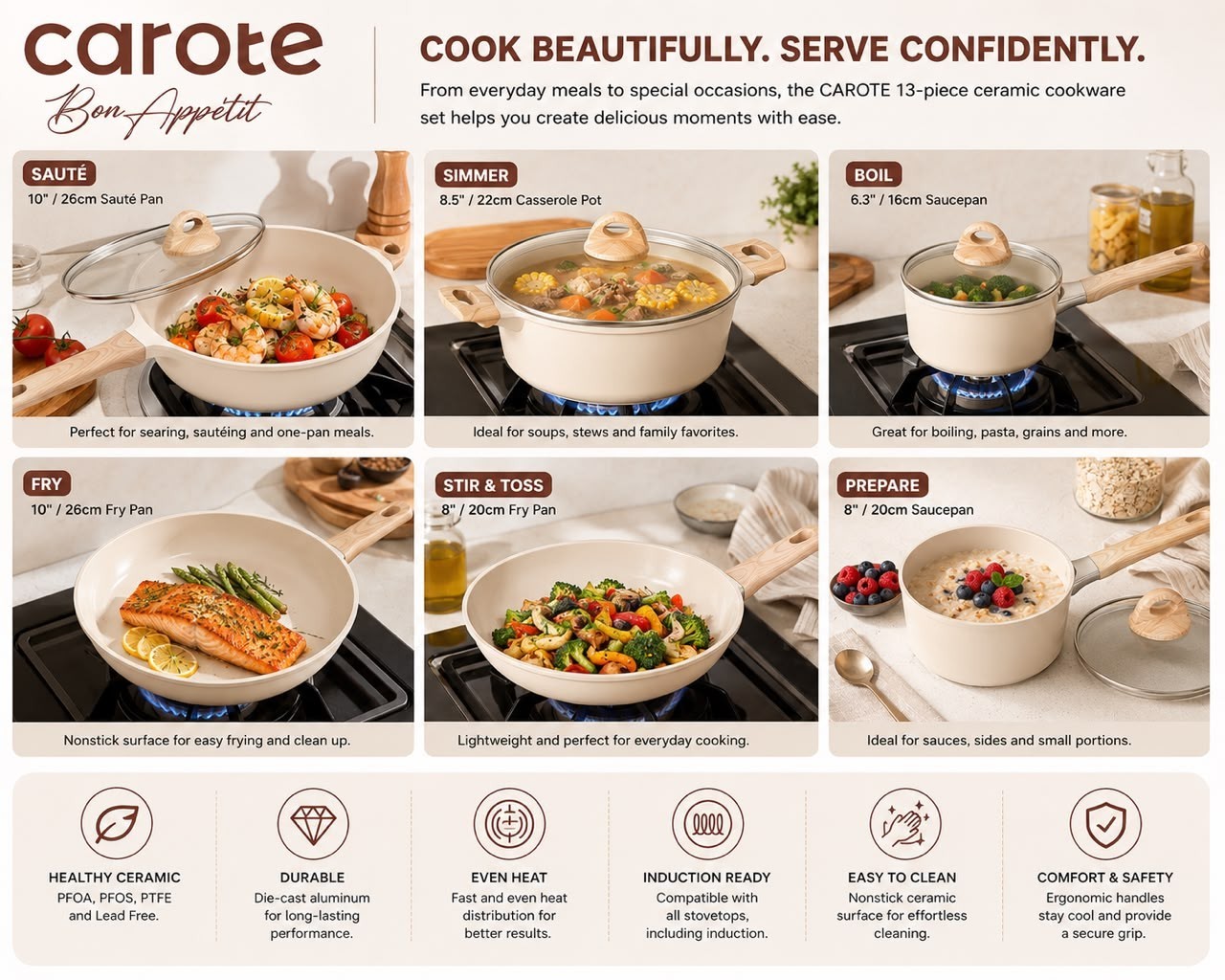 CAROTE 13-Piece Ceramic Cookware Set Induction Nonstick Pots & Pans Cream
