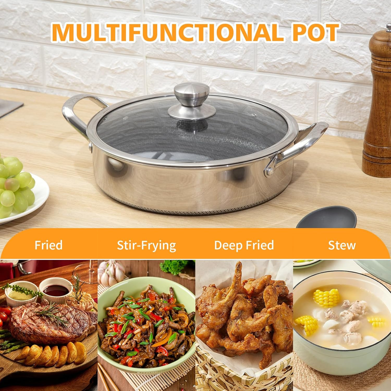 Stainless Steel Saute Pan 12 Inch Deep Frying Pan,5 Quarts Nonstick Skillet