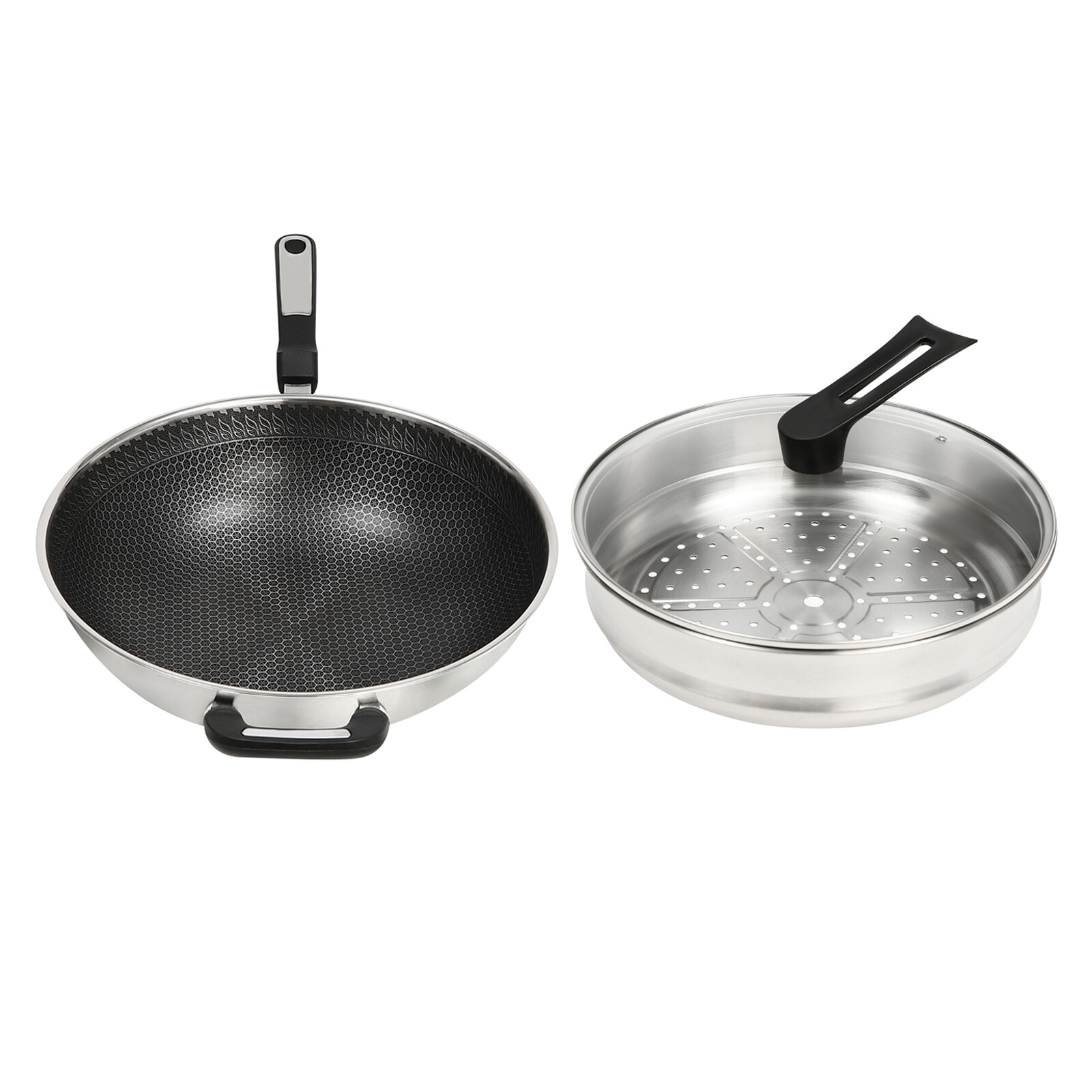 32cm Cooking Nonstick Honeycomb Wok Pan w/Lid & Stainless Steel Steamer Pot