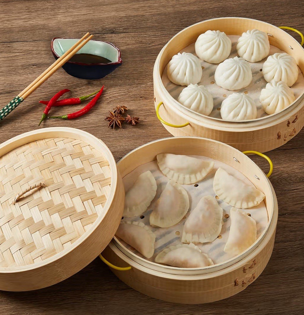 10″ Bamboo Steamer Basket Set – 2 Tier Dumpling Steamer with Handles & Liners
