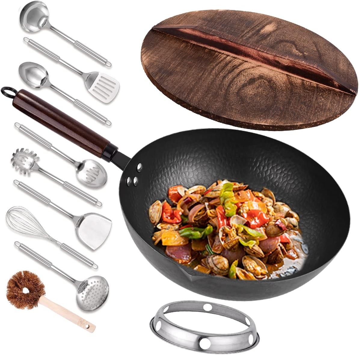 12.8″ Carbon Steel Wok-11Pcs Woks & Stir Fry Pans Wok Pan with Lid