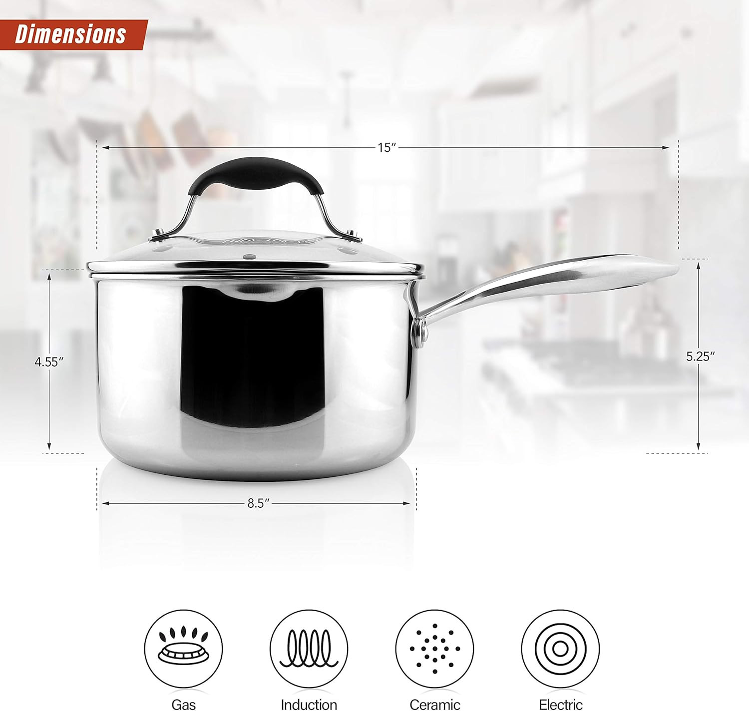 Tri-Ply Stainless Steel 3.5QT Saucepan with Glass Lid & Strainer Spouts