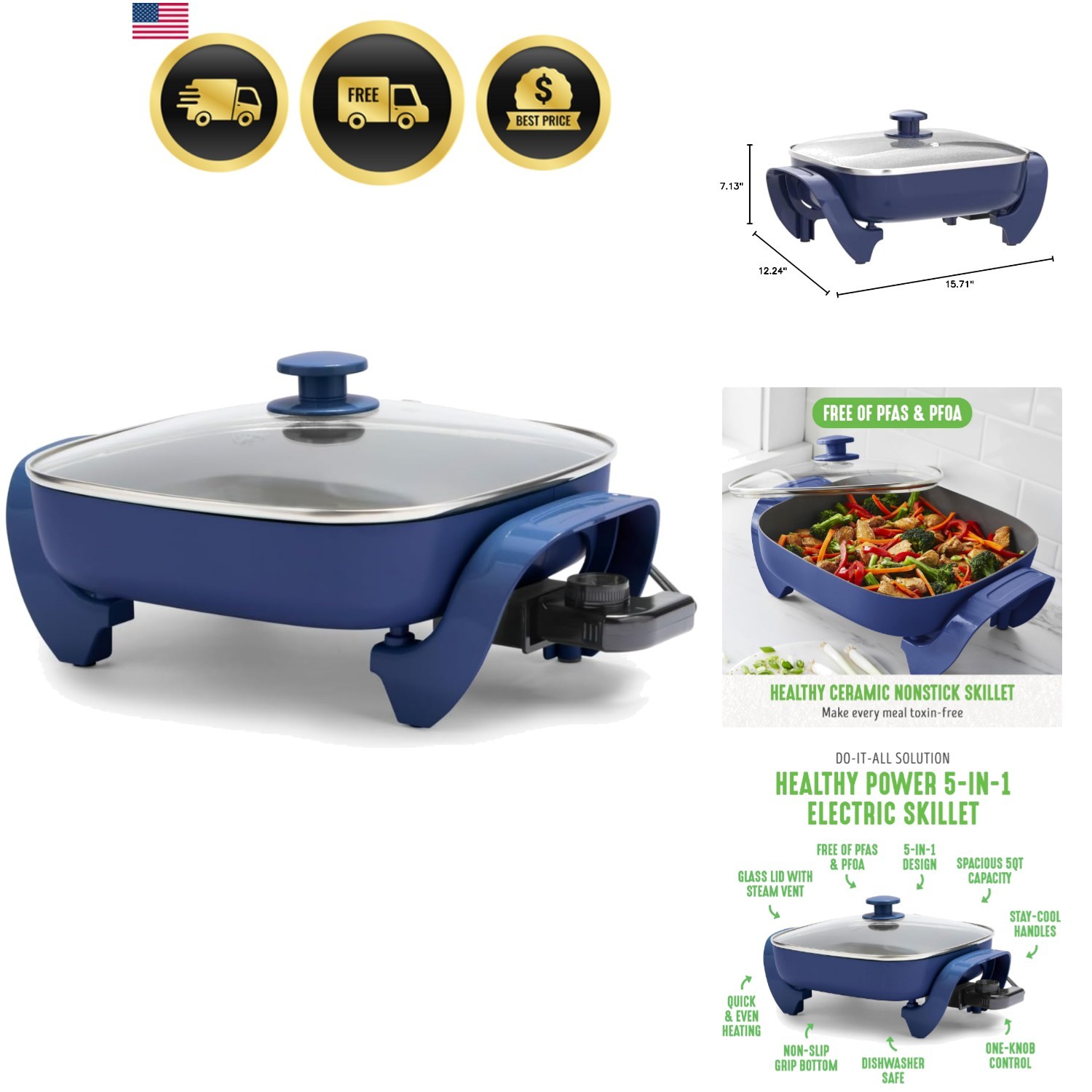 12″ 5QT Square Electric Skillet, Glass Vented Lid, Ceramic PFAS-Free Nonstick…