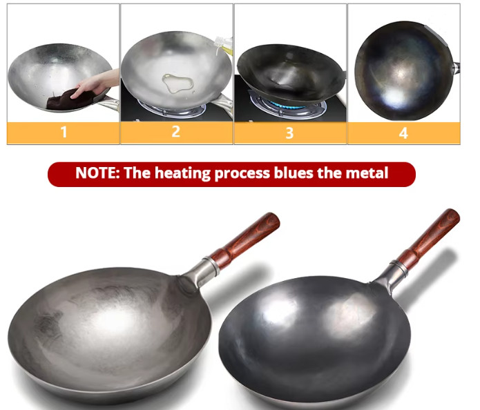 Hand Hammered Wok,traditional Iron Wok No Coating Wooden Handle