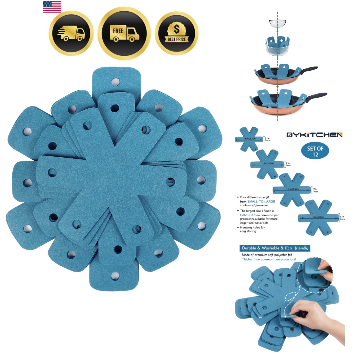 Pot Pan Protectors, Set of and 4 Different Sizes, Larger & Thicker Cyan Pan P…