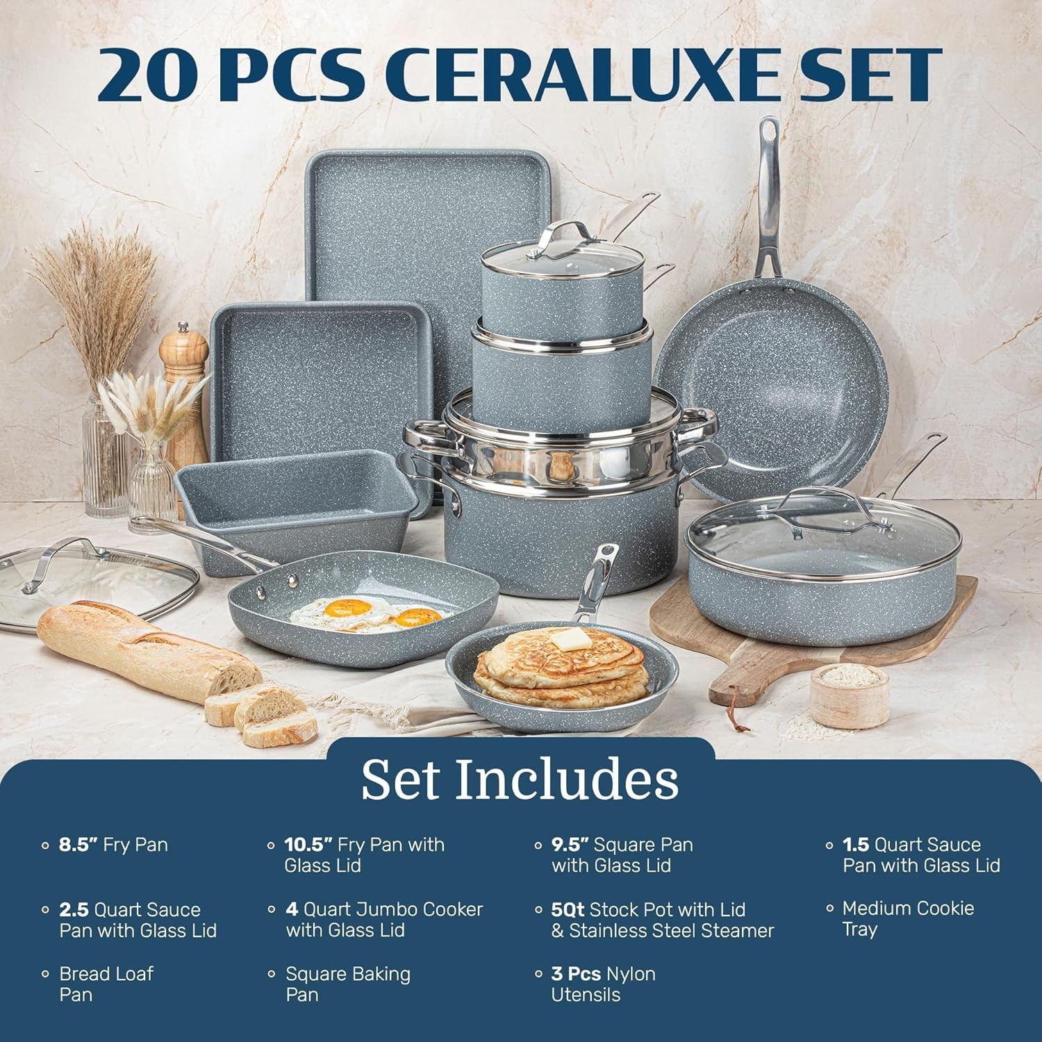 Granitestone 20 Pc Pots and Pans Set Nonstick Ceramic Cookware Set, Gray